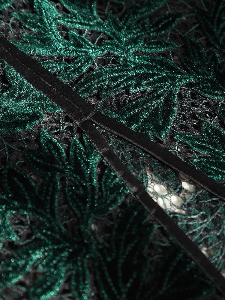 Hand-Stitched Emerald Green Vine Lace Qipao