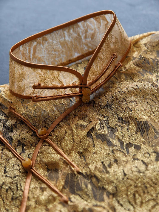 Hand Stitched Rose Gold French Lace Qipao Dress