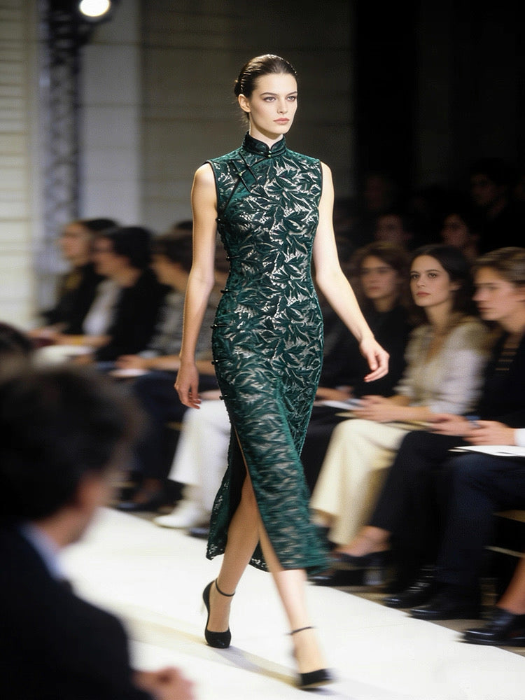 Hand-Stitched Emerald Green Vine Lace Qipao