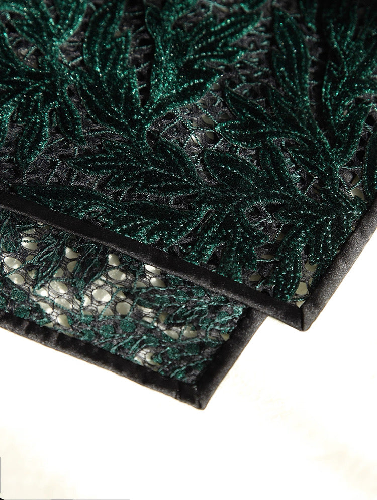 Hand-Stitched Emerald Green Vine Lace Qipao