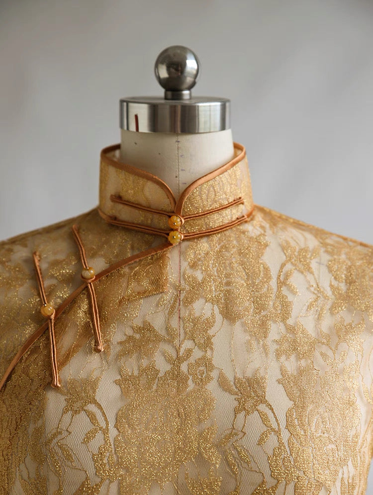 Hand Stitched Rose Gold French Lace Qipao Dress