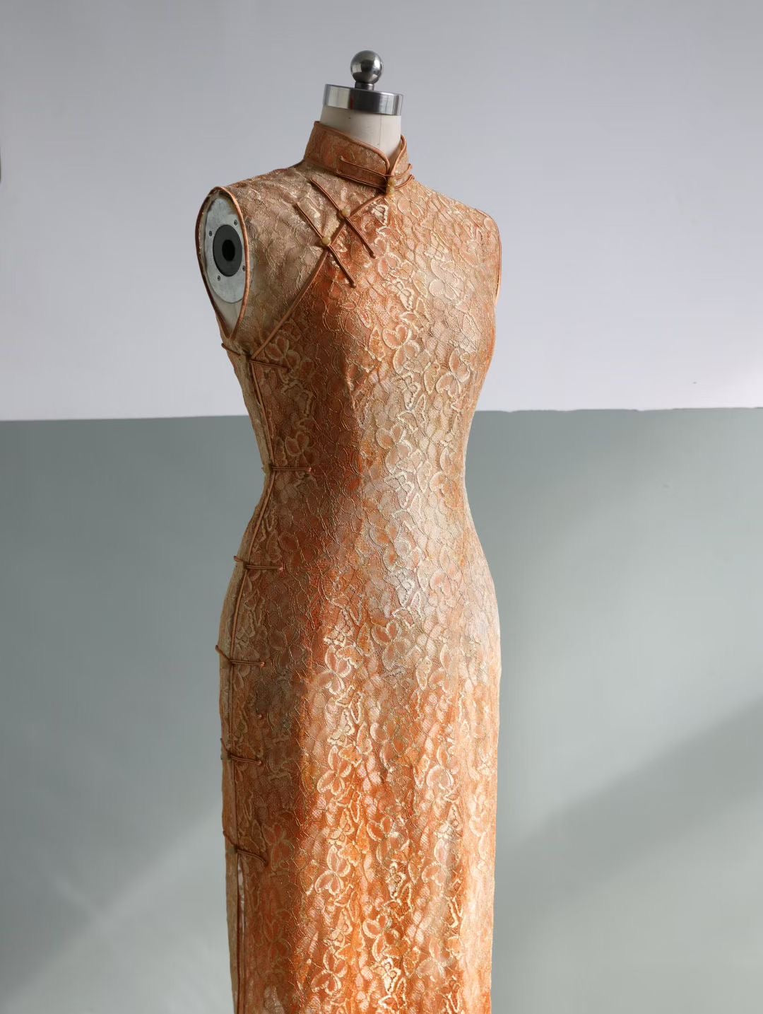 Hand Stitched Rose Gold French Lace Qipao Dress