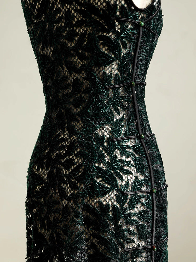 Hand-Stitched Emerald Green Vine Lace Qipao