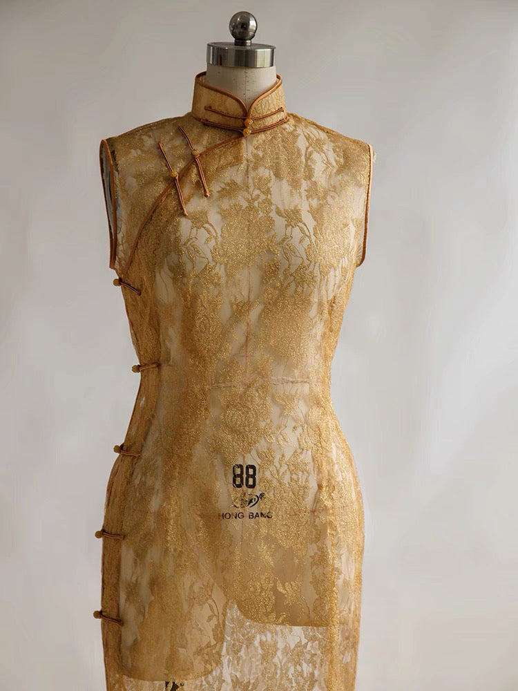 Hand Stitched Rose Gold French Lace Qipao Dress