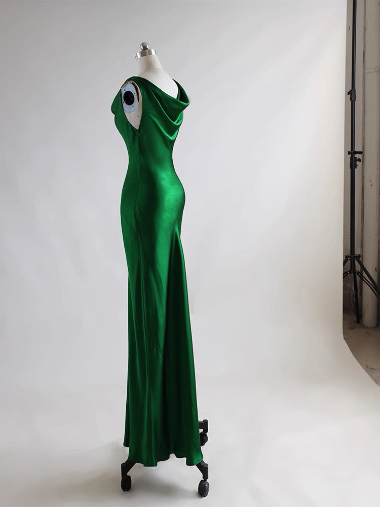 Emerald Silk Cowl-Neck Gown