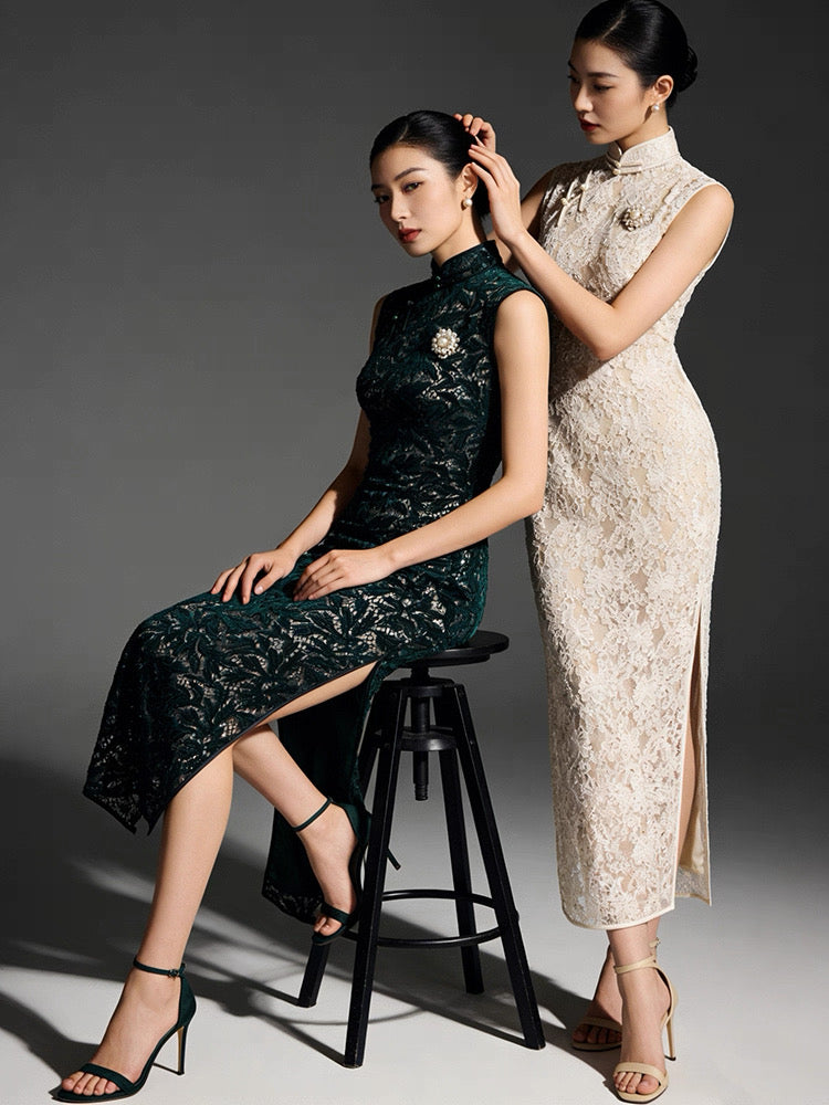 Hand-Stitched Emerald Green Vine Lace Qipao