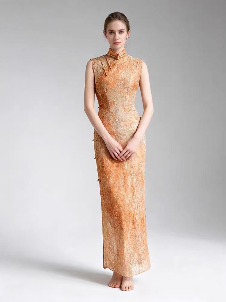 Hand Stitched Rose Gold French Lace Qipao Dress