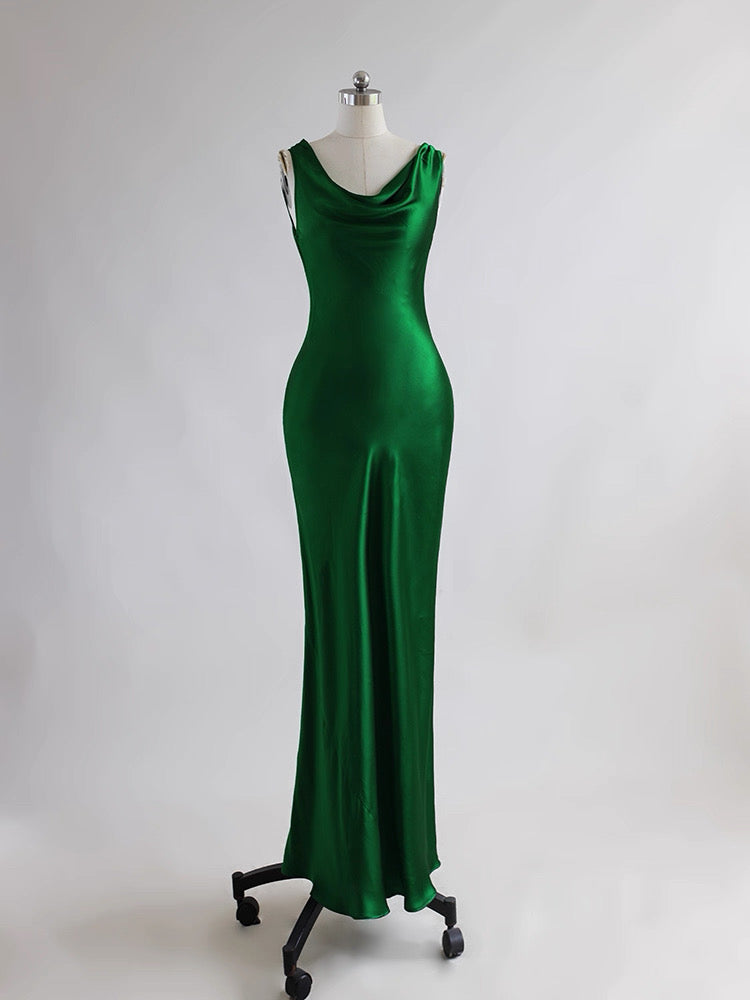 Emerald Silk Cowl-Neck Gown