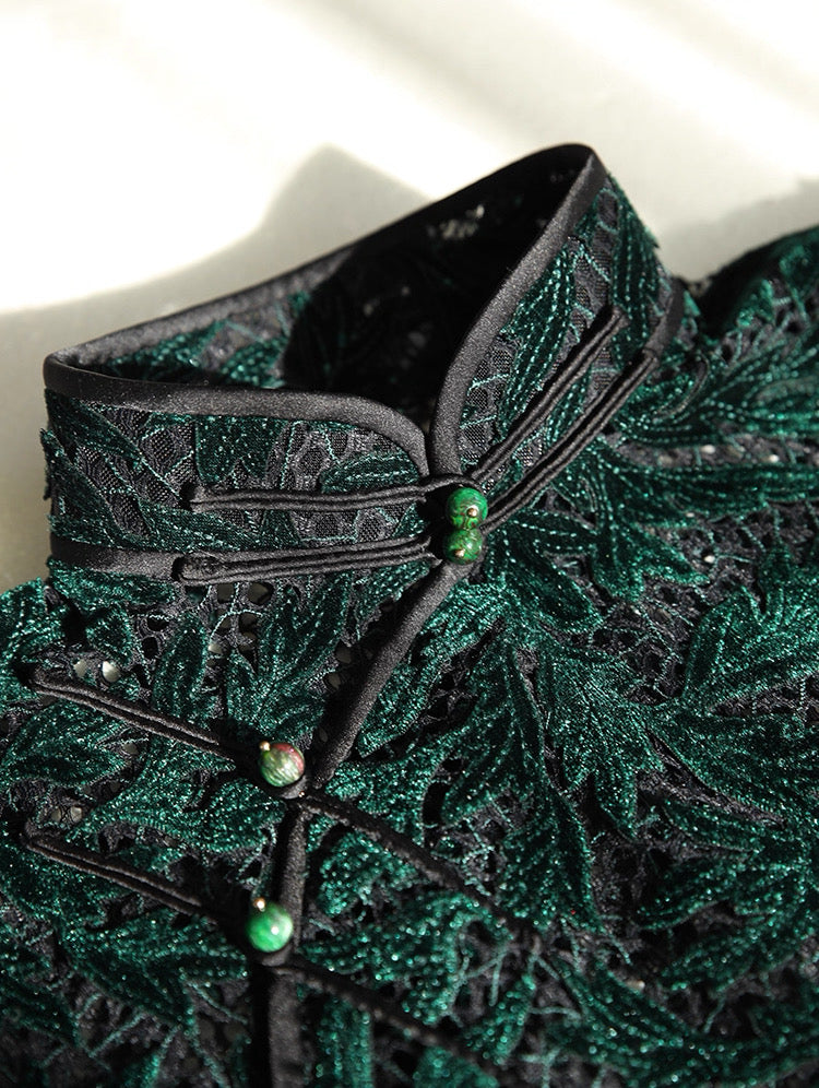 Hand-Stitched Emerald Green Vine Lace Qipao