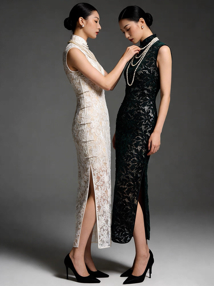 Hand-Stitched Emerald Green Vine Lace Qipao