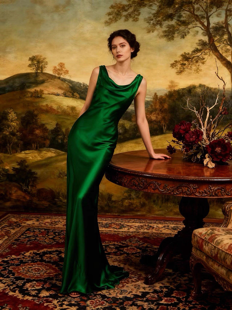 Emerald Silk Cowl-Neck Gown