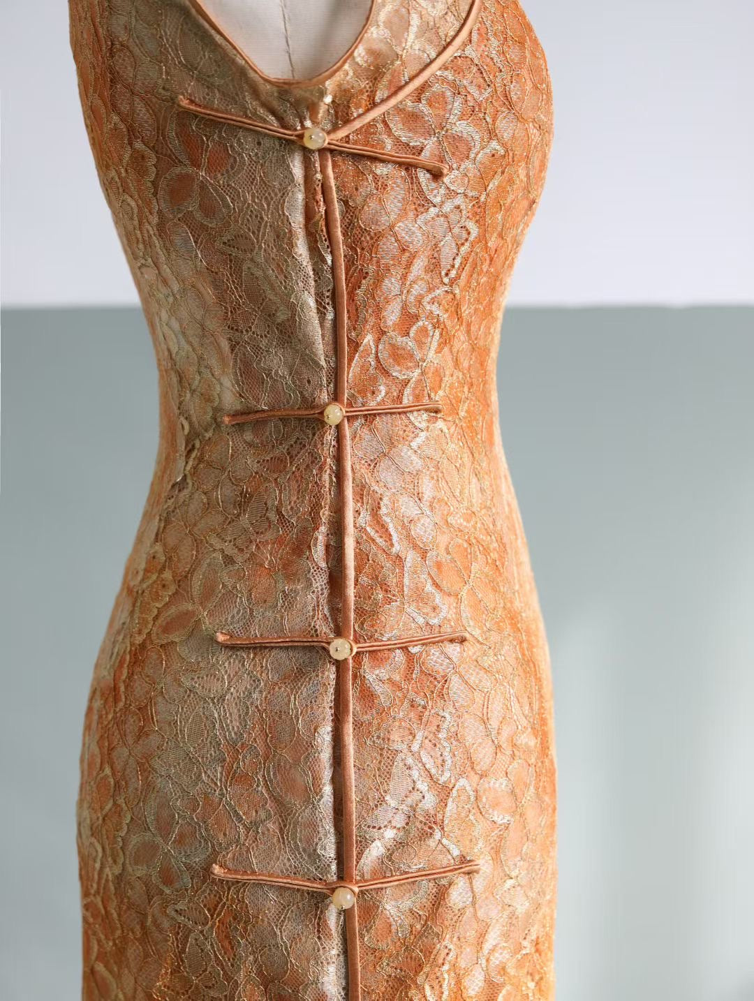 Hand Stitched Rose Gold French Lace Qipao Dress