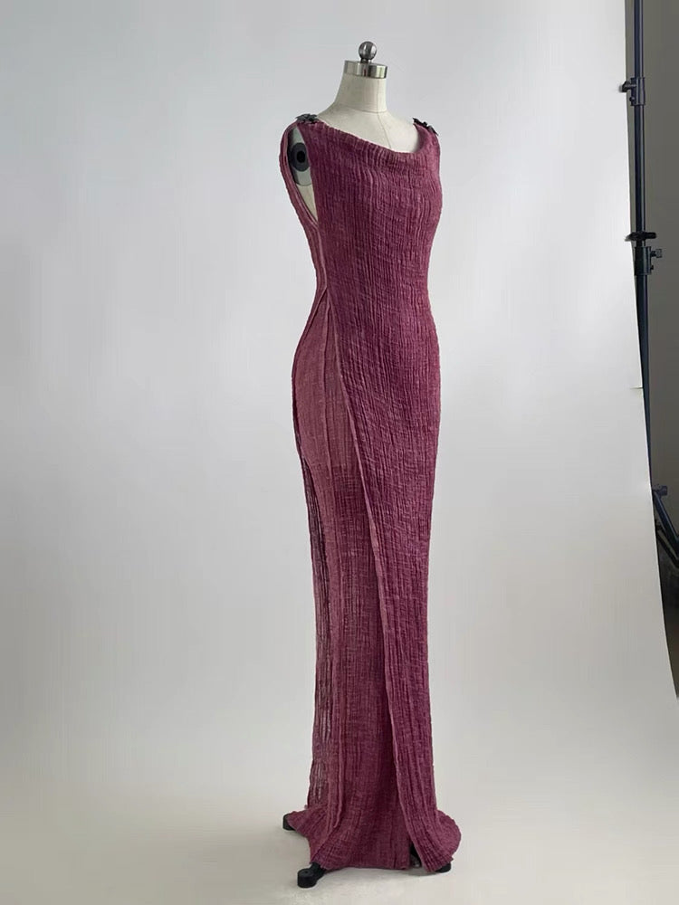 Vintage Rose Pink Textured Cotton Maxi Dress