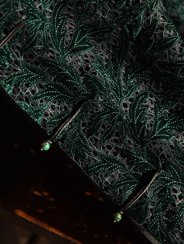 Hand-Stitched Emerald Green Vine Lace Qipao