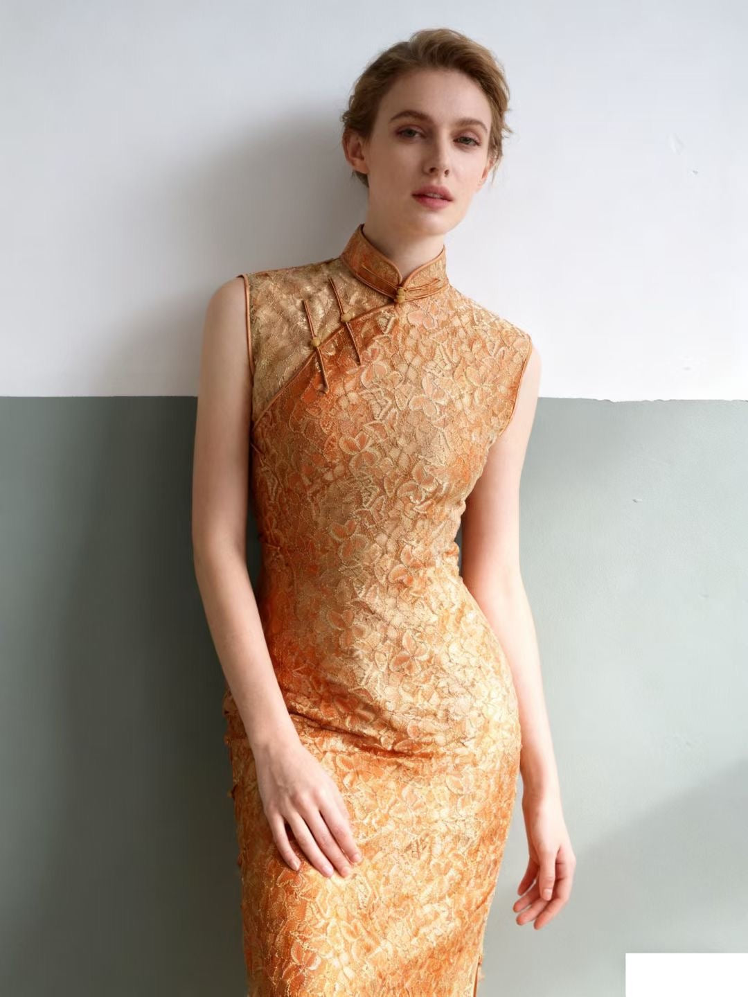 Hand Stitched Rose Gold French Lace Qipao Dress