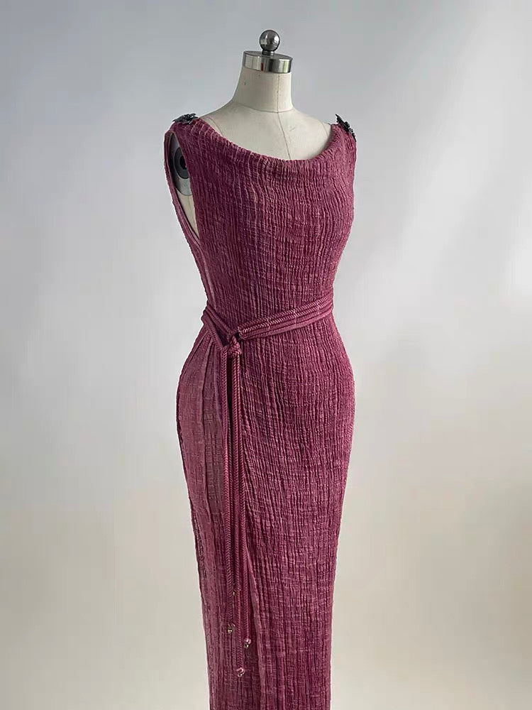 Vintage Rose Pink Textured Cotton Maxi Dress