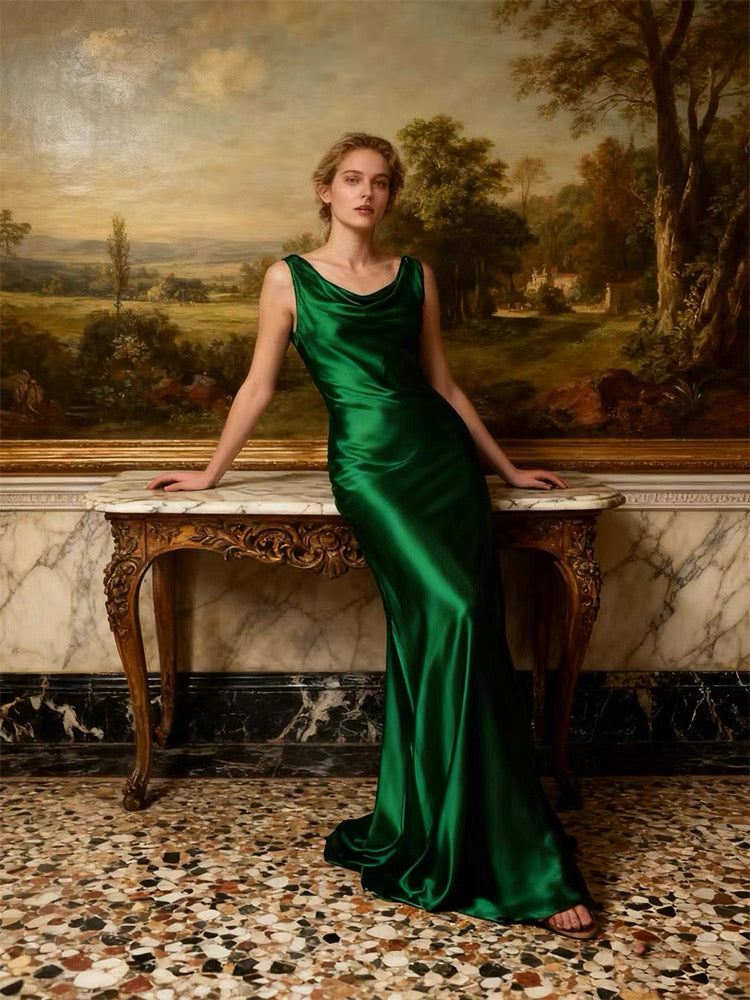 Emerald Silk Cowl-Neck Gown