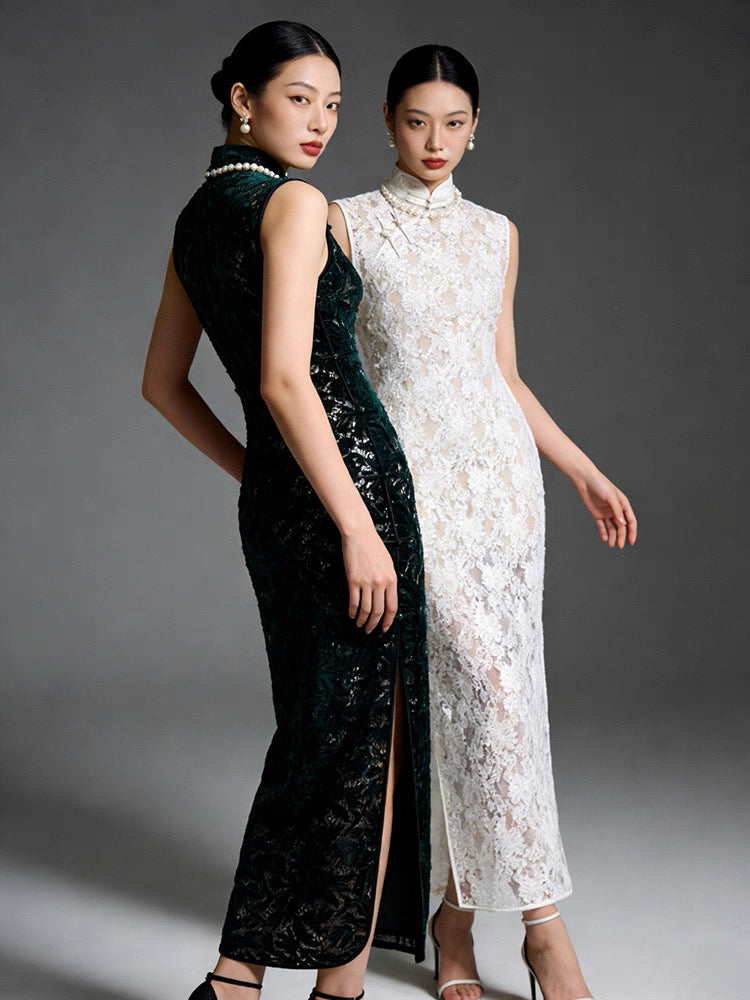 Hand-Stitched Emerald Green Vine Lace Qipao